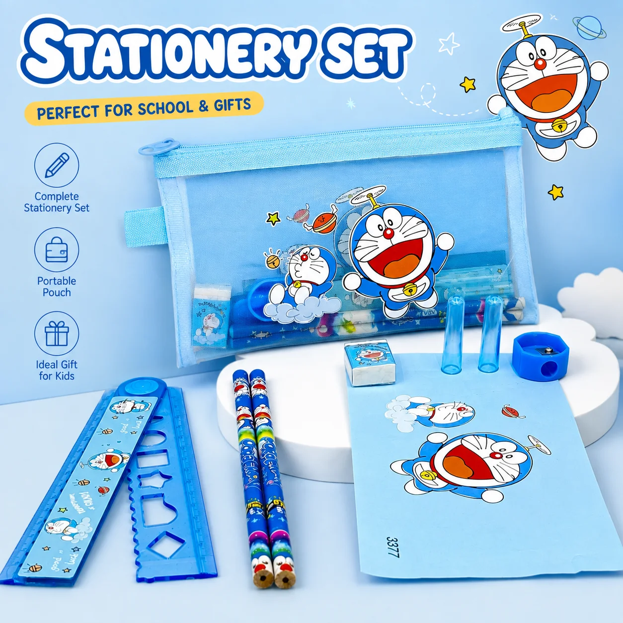 Stationery Supplier - ชุดเครื่องเขียนสำหรับเด็ก ลายแมวการ์ตูนสีฟ้าสุดน่ารัก ประกอบด้วย ดินสอ ไม้บรรทัด กบเหลาดินสอ